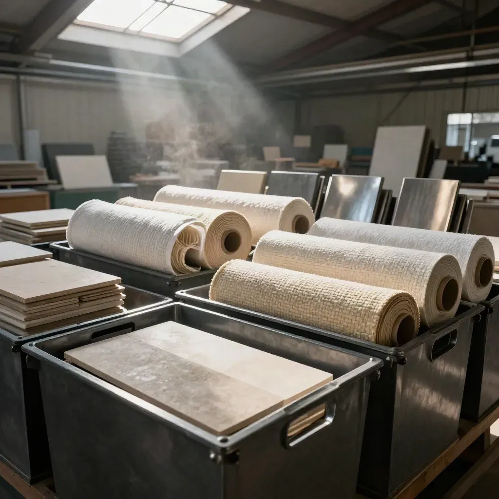 Campioni di materiali in fabbrica sotto un lucernario, scena editoriale industriale.