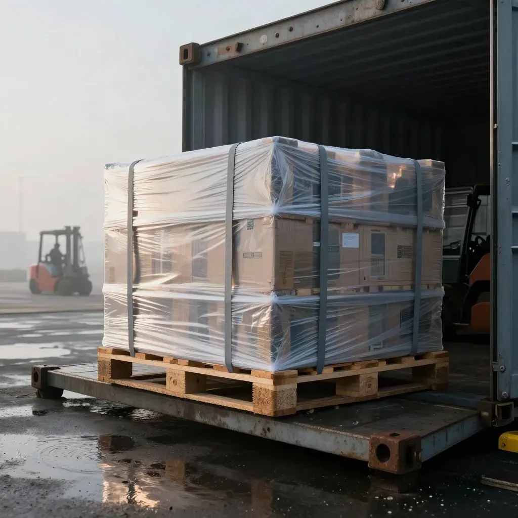 Pallet export imballato all’ingresso di un container, su banchina bagnata nella luce del mattino.