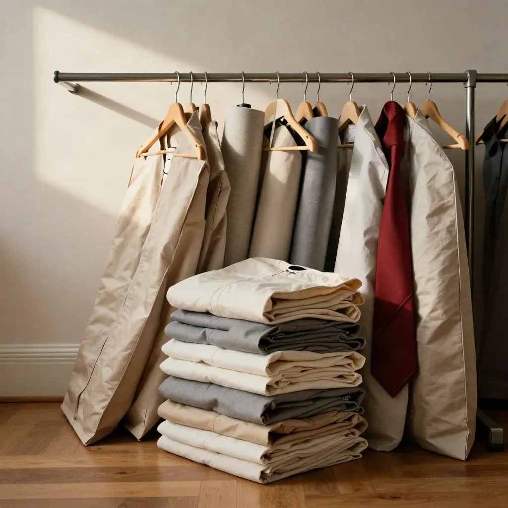 Pacco moda premium con capi neutri, sacchetti garment e rotoli tessili in studio luminoso.