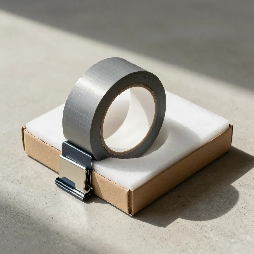 Flatlay dall’alto con cartone sigillato, fascia anti-manomissione e clip lotto su cemento chiaro.