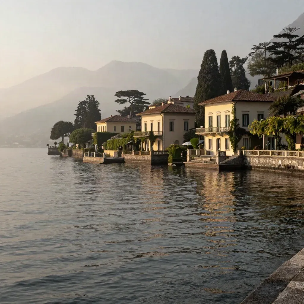 Il lago di Como all’alba, ville velate dalla nebbia e acqua immobile in primo piano