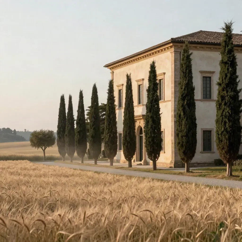 Villa palladiana tra cipressi e pianura veneta, luce dorata e spazio calmo per il testo.