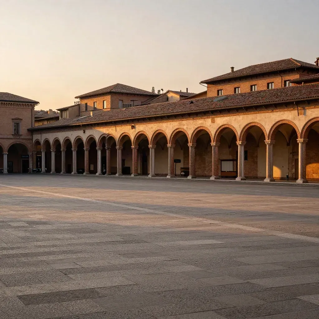 Veduta di Bologna al tramonto con portici, tetti in terracotta e piazza vuota per il testo.