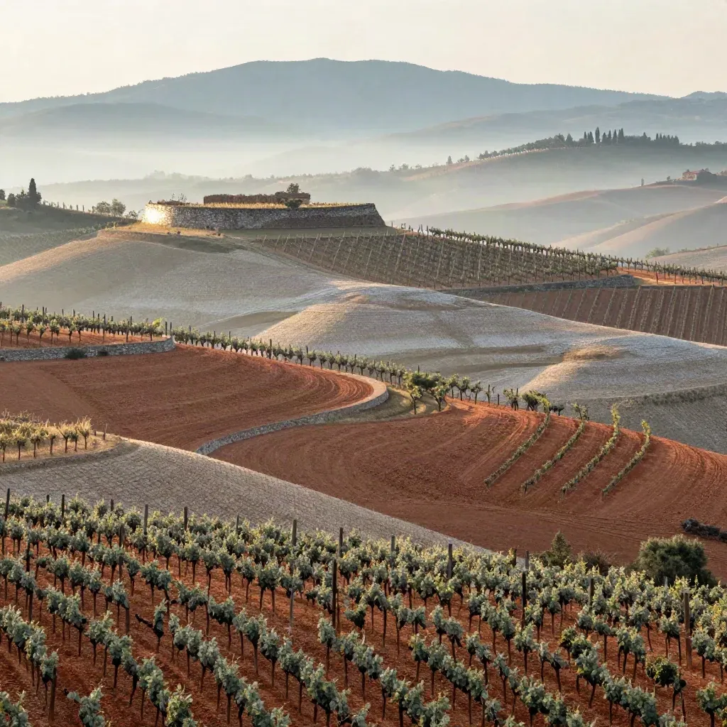 Vigneti delle Langhe avvolti dalla nebbia all’alba con le Alpi sullo sfondo.